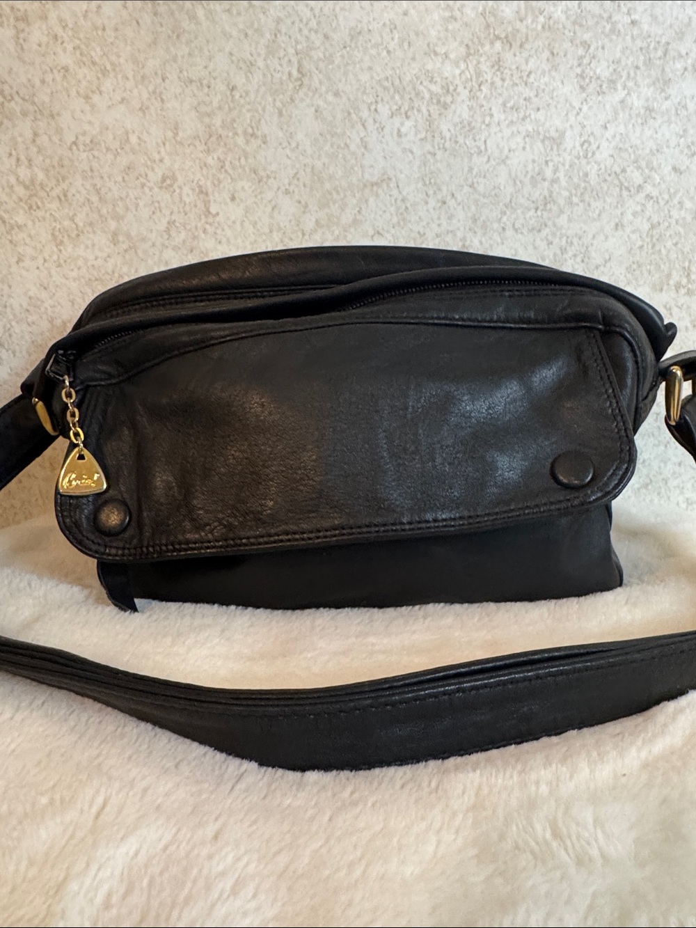 Brio Vintage Classic Black Leather bag with Gold Charm Accent
